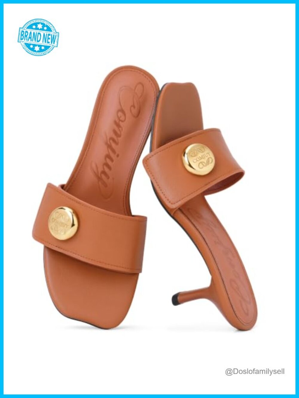 Faux Leather Kitten Heel Sandals Slip On Square Toe Metal Button
